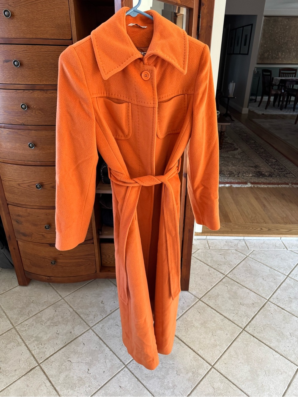 Womens Orange Long Belted Wool Trench Coat